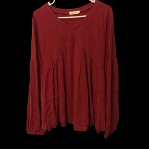 CLARISBELLE Casual V-neck Long Sleeve Flowy Maroon Blouse